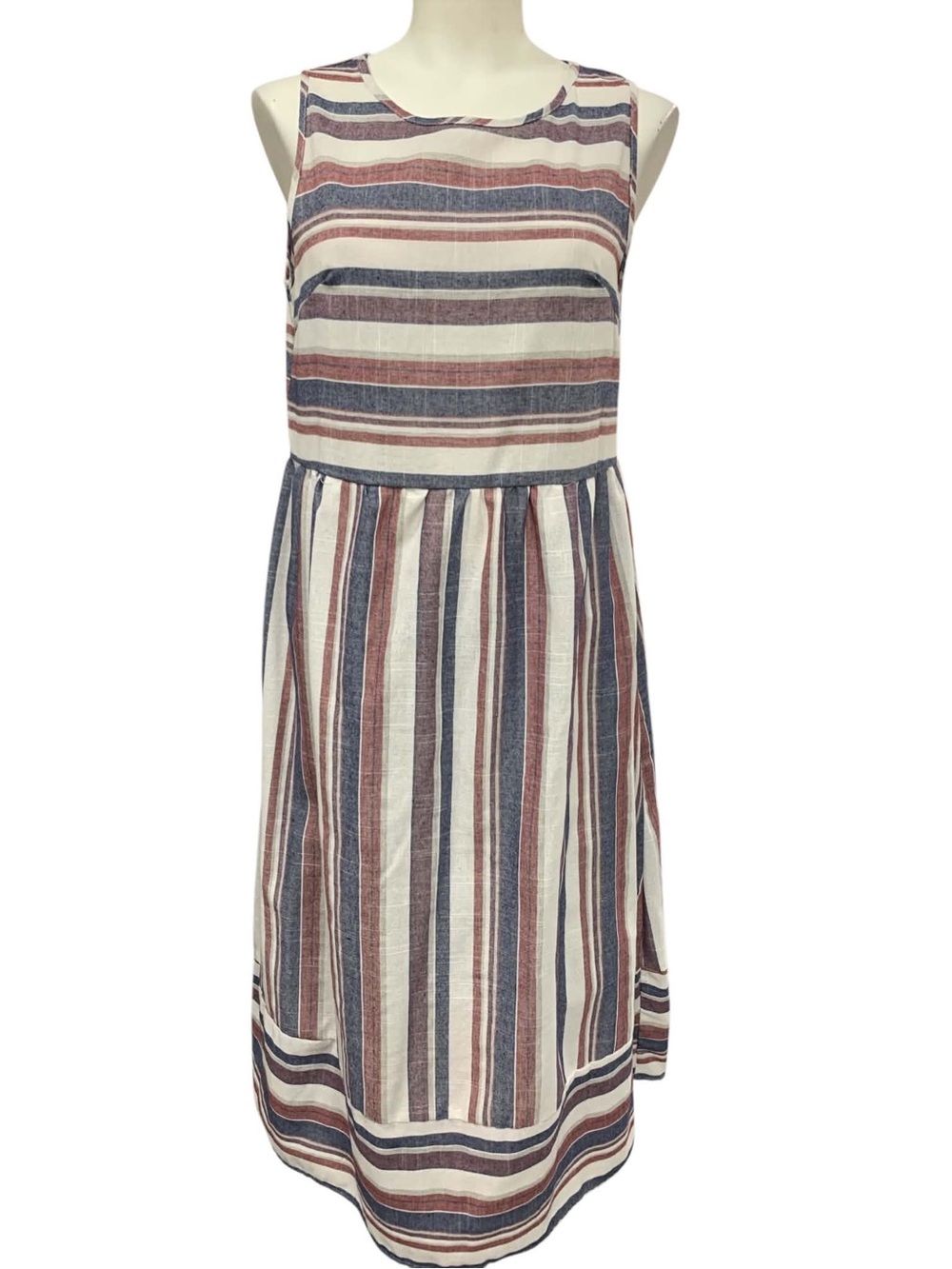 Emery Rose Striped Sleeveless Midi Dress in Cream, Blue & Brown Size M